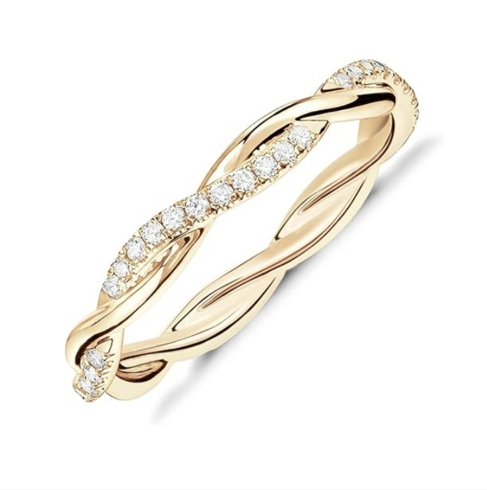 14K Gold Plated Cubic Zirconia Twisted Rope Eternity Band Ring In Yellow Gold
